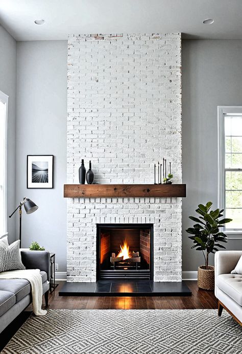 16 Whitewashed Brick Fireplace Ideas: Transform Your Home's Focal Point » HomeDecorFull Modernize A Brick Fireplace, Brick Fireplace Mantle Decor, Brick Fireplace White, Whitewashed Brick Fireplace, Accent Walls Ideas, Brick Fireplace Mantles, Brick Fireplace Ideas, Fireplace Molding, Whitewashed Brick