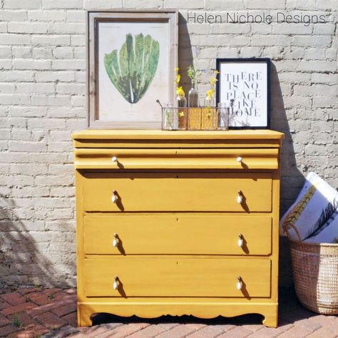 Chalk Painted Sideboard, Yellow Chest Of Drawers, Yellow Painted Furniture, Drop Pulls, Condo Bedroom, General Finishes Milk Paint, Painted Sideboard, Furniture Board, General Finishes