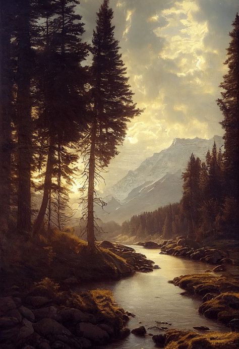 Detailed Landscape Painting, Forest River Painting, Mountain Drawing Realistic, Painting Reference Photos Landscape, Realistic Landscape Paintings, Dark Landscape Painting, Chiaroscuro Painting, Mountain River Painting, Snowy Place