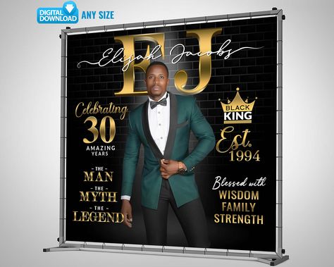 Transform your cherished memories into timeless treasures with this custom backdrop! Whether you're celebrating your loved ones in style or indulging in self-celebration, going big is not selfish; it's generous! Make a statement at your event or party with this fabulous backdrop. You provide the photos and text, and I'll do the rest. --------------------- 1️⃣ 𝐃𝐈𝐆𝐈𝐓𝐀𝐋 𝐃𝐎𝐖𝐍𝐋𝐎𝐀𝐃 When you buy this product you'll receive a digital download (high-resolution file). Please note that it wo Classic Man Themed Birthday Party, Classic Man Party Theme Ideas, Men Backdrop Ideas, Birthday Party Theme For Men, Party Decorations For Men, All Black Decorations Party, Party Set Up Ideas Layout, Men Party Ideas Decoration, Black And Gold Party Ideas