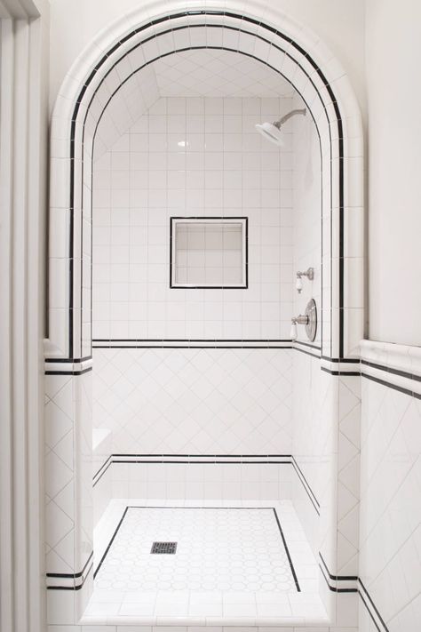 How to Make Subway Tile Look Classic, Not Basic Art Deco Bathrooms, White Tile Shower, Art Deco Bathroom, Deco Bathroom, Bad Inspiration, Black And White Tiles, Pool Design, Bath Room, Design Jobs