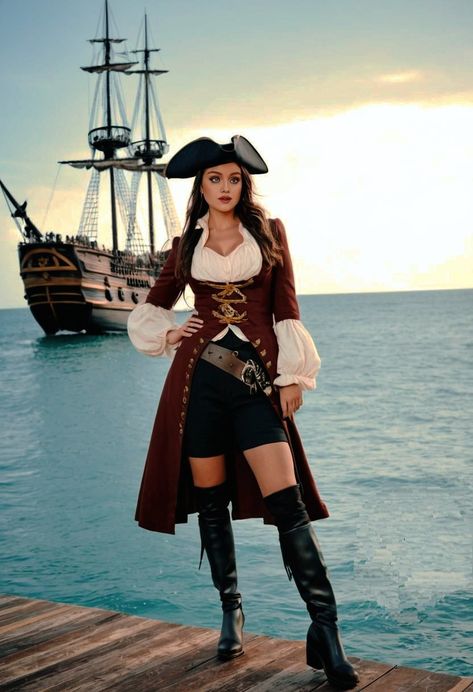 Pirate Attire Women, Pirates Costume Female, Pirate Cosplay Female, Pirate Poses, Descendants Cosplay, Pirate Attire, Peter Pan Outfit, Pirate Women, Female Pirate