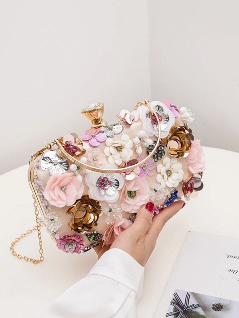 Floral Appliques Chain Clutch Bag | SHEIN USA Floral Clutch Bag, Plant Bags, Beaded Clutch Purse, Beaded Clutch Bag, Bridal Purse, Embellished Bags, Embellished Clutch, Floral Clutches, Rhinestone Clutch