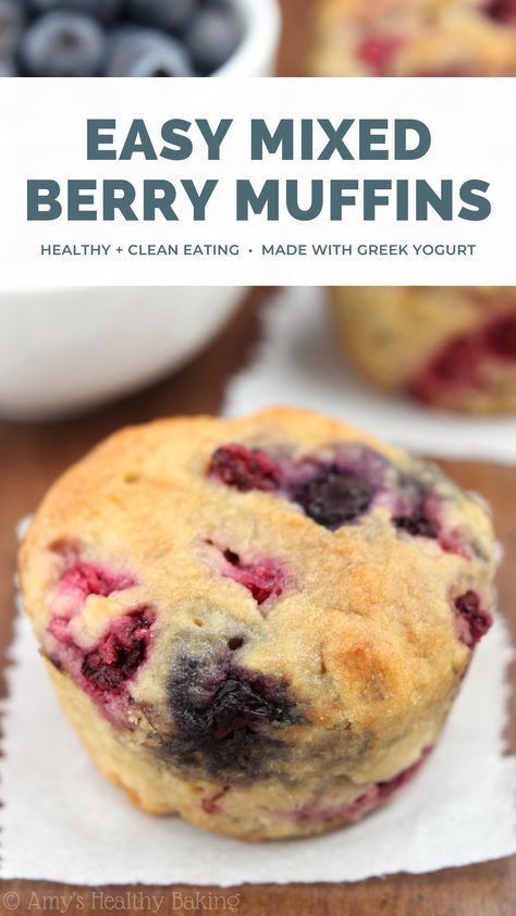 This healthy mixed berry muffins recipe is easy to make! Greek yogurt keeps them really moist & fluffy. You can use fresh or frozen berries too! A great breakfast or snack! Berry muffins healthy clean eating. Mixed berry muffins healthy greek yogurt. Berry muffins with frozen berries easy. #healthybreakfast #glutenfree #easyrecipe #cleaneating Berry Muffin Recipe, Muffins Homemade, Mixed Berry Muffins, Clean Eating Recipe, Greek Yogurt Muffins, Wheat Berry, Fruit Muffins, Muffins Easy, Muffins Healthy