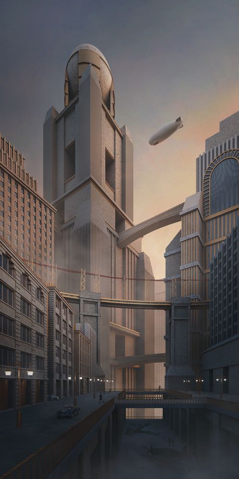 ArtStation - Metropolis Morning, Arnaud Imobersteg Dieselpunk Art, Art Deco City, Dark Deco, Sci Fi City, Art Deco Illustration, New Retro Wave, Art Deco Buildings, Art Deco Posters, Fantasy City