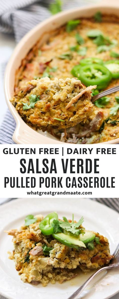 This Salsa Verde Pulled Pork Casserole is a great way to use up leftover pulled pork, and you’ll love how flavorful and delicious it is! It’s also grain free, and packed with so much flavor. Paleo Pulled Pork, Pulled Pork Casserole, Pulled Pork Leftover Recipes, Leftover Pulled Pork, Dairy Free Keto Recipes, Pork Casserole, Yummy Casserole Recipes, Paleo Main Dishes, Pulled Pork Leftovers