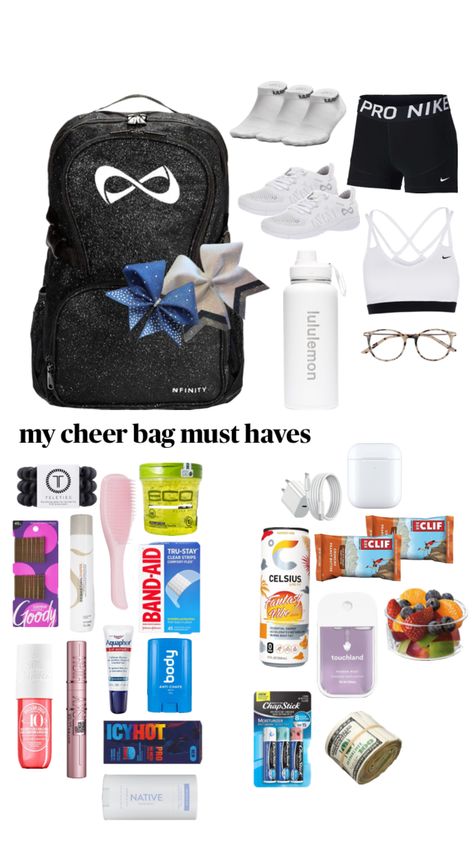 Cheer Practice Bag, What To Keep In Your Cheer Backpack, What To Put In Cheer Bag, Cheer Stuff To Buy, Cheer Backpack Ideas, What To Put In Your Cheer Bag, Cheer Advice, Cheer Bag Essentials, Cheer Essentials