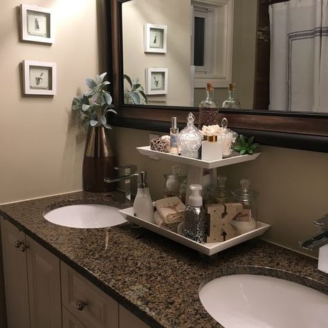 Bathroom Counter Tray Ideas, Bathroom Two Tier Tray Decor, Bathroom Organization On Counter, Bathroom Counter Decor Decorative Trays, Tiered Bathroom Tray, Diy Bathroom Counter Storage, Small Bathroom Counter Decor, Cozy Bathrooms, Bathroom Tiered Tray Decor