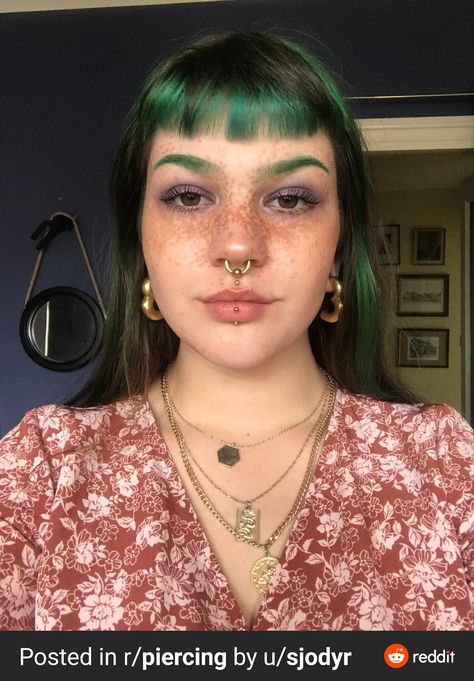 Medusa Piercing Ring, Dainty Medusa Piercing, Labret And Medusa Piercing, Septum And Labret Piercing, Piercing Setup Face, Medusa Piercing With Septum, Medusa And Vertical Labret Piercing, Medusa And Labret Piercing, Gold Medusa Piercing