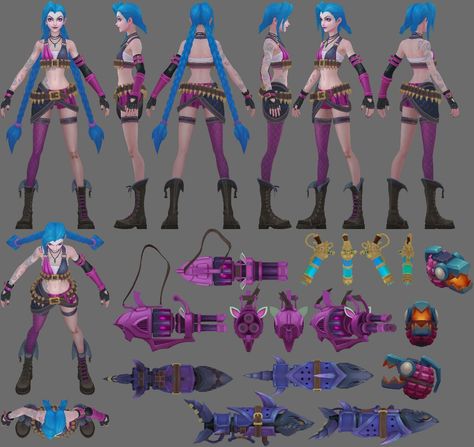 Jinx Turnaround, Jinx Reference Sheet, Jinx Character Sheet, Arcane Character Design Sheet, Jinx Character Design, Jinx Concept Art, Jinx Reference, League Of Legends Concept Art, Ashe League Of Legends