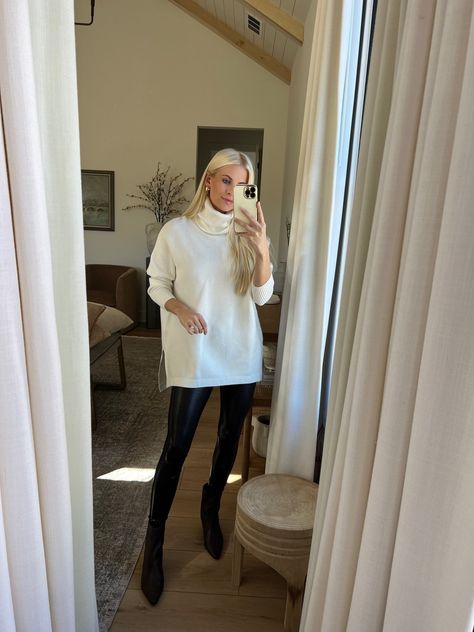 My Favorite Amazon Sweaters — Kathleen Post Tan Sweater Black Leggings, Cream Oversized Turtleneck Outfit, Sweaters With Faux Leather Leggings, Best Oversized Sweaters, Oversized Sweater And Leather Leggings, Black Sweater Black Leggings, Long Sweater Leggings Outfit, White Sweater And Leggings Outfit, Sweater Tunic With Leggings