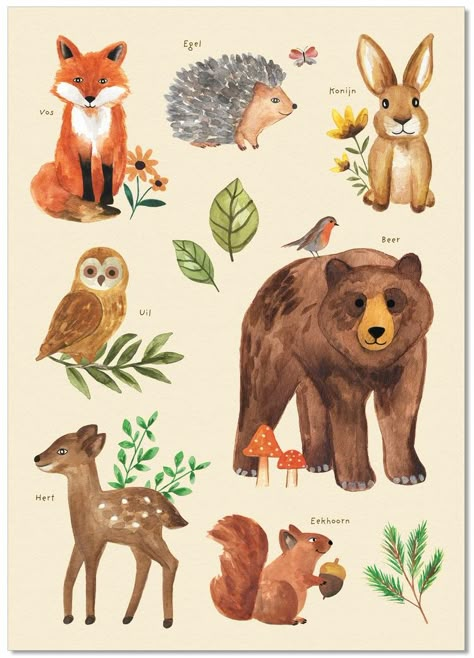 Woodland Animals Drawing, Woodland Animal Drawings, Animals Preschool Crafts, Woodland Animals Illustration, Wild Animals Illustration, Wallpaper Woodland, Forest Animals Illustration, Animals Preschool, Animal Illustration Kids