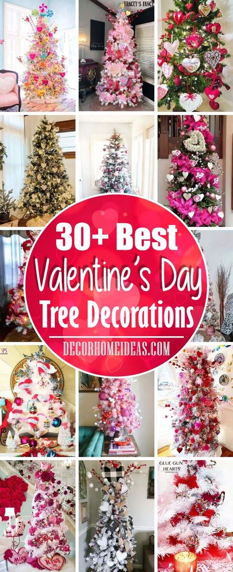 Trees Decorated For Valentines Day, Valentine’s Day Christmas Tree Ideas, Valentine's Tree Decorating Ideas, Diy Valentines Tree Decorations, Valentine Trees Decorated, Valentines Yard Decor, Valentine Tree Ideas Diy Crafts, Valentine Trees Ideas, Valentine Christmas Tree Decorations