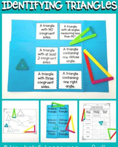 Identifying and describing triangles are some of the basic foundational steps of geometry and building a strong vocabulary understanding of the words and phrases that go along with triangles are just as important. In Classifying and Identifying Triangles, students will build upon any pre-existing knowledge of triangles to help them identify isosceles triangles, equivalent triangles, right triangles and even scalene triangles. Triangles Activities, Classifying Triangles, Triangle Worksheet, Geometry Triangles, Teaching Secondary, First Year Teaching, Upper Elementary Math, Math Interactive Notebook, Teacher Support