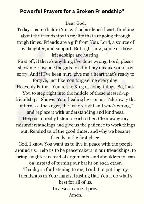 Friendships are precious, but sometimes they hit rough patches. Discover 5 heartfelt prayers that can help you find peace and mend a broken friendship. 🙏💔 #Prayers #BrokenFriendship #Healing #FriendshipGoals Prayers For Friends Healing, Mending Friendship Quotes, Mending Friendships, Prayers For Friendship, Godly Friendship Quotes, Manifest Friends, Prayers For Friends, Breakthrough Prayers, Friendship Prayer