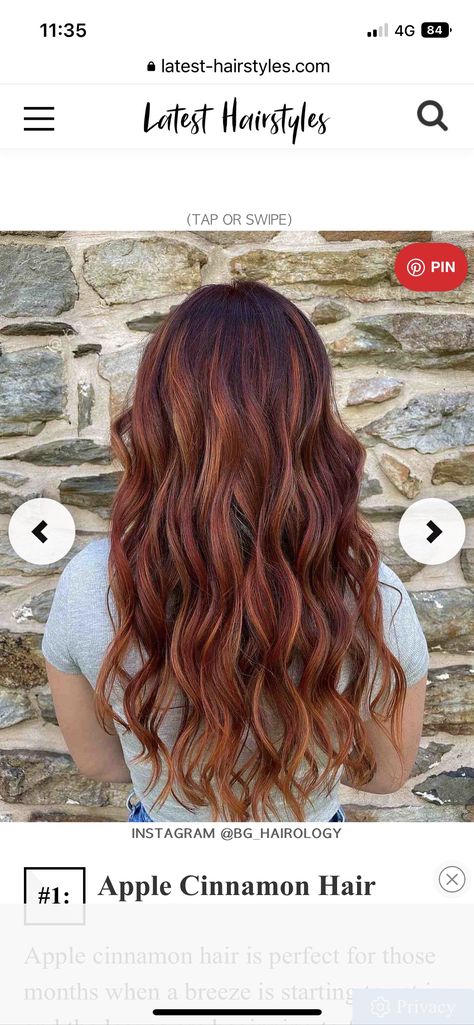 Apple Cinnamon Hair Color, Cinnamon Spice Hair Color, Cinnamon Balayage, Cinnamon Hair Colors, Cinnamon Hair, Inspo Hair, Spiced Cider, Hair Color Auburn, Cinnamon Spice