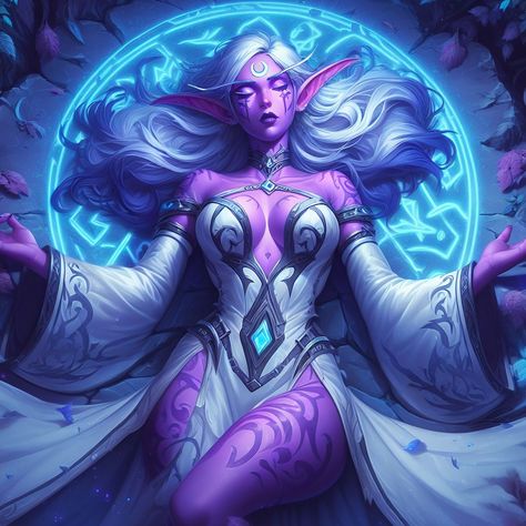 Night elf in the middle of the ritual  #fantasy #warcraft #wow #worldofwarcraft #nightelf #nelf #elf #kaldorei Kryn Dynasty, Night Elf Warrior, White Purple Hair, World Of Warcraft Draenei, Night Elf Female, Night Elf Art, Night Elf Druid, Wow Elf, Elf City