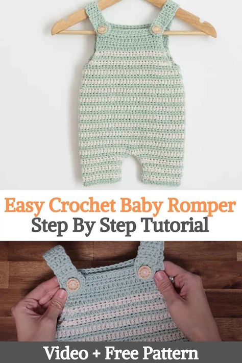 The crochet baby bodysuit is made from the bottom up. You start with the same leg panels done in rows. Once both legs are complete, start working the main part, joining these two leg panels with a new round of stitches. The middle part is done in circles. Each round ends with a slip stitch made in the first stitch, connecting the two rounded ends. The upper part of the jumpsuit is done in rows. Both the front and back panels are mainly made with two colors and some lines made with... Crochet Baby Overalls, Baby Dungarees Pattern, Crochet Baby Romper, Baby Boy Knitting Patterns Free, Crochet Baby Dress Free Pattern, Boys Knitting Patterns Free, Crochet Baby Photo Prop, Crochet Jumpsuits, Baby Romper Pattern