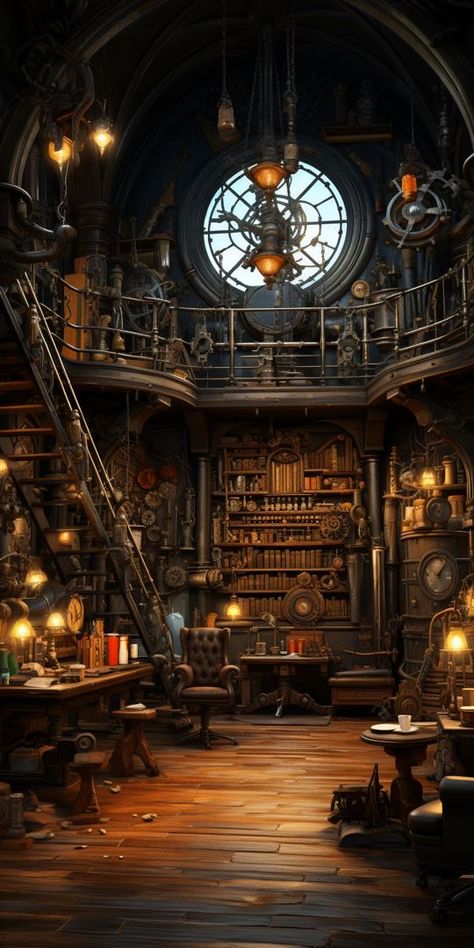 Steampunk Science Aesthetic, Steampunk Laboratory Concept Art, Gothic Steampunk Architecture, Steampunk Set Design, Steampunk Aesthetic Room, Steam Punk House, Clockpunk Aesthetic, Steampunk Apartment, Steampunk House Interiors