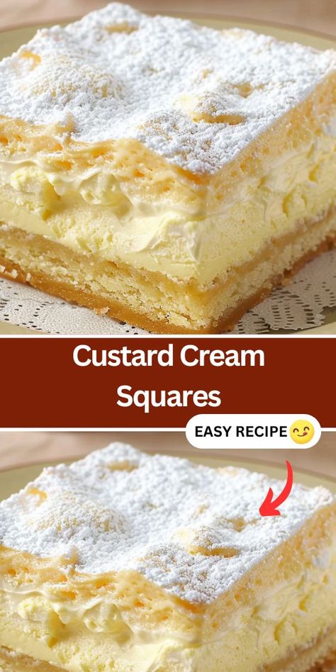 Discover the perfect dessert with our Custard Cream Squares recipe! Featuring layers of golden puff pastry, creamy custard, and fluffy whipped cream, this dessert is a showstopper. Ideal for special occasions or everyday enjoyment, it's a delightful combination of flavors and textures. Impress your guests or treat yourself to a taste of luxury with this heavenly dessert. Custard Squares Recipe, Custard Cream Squares, Recipe Desert, Custard Cream, Square Recipes, Custard Filling, Puff Pastry Sheets, Pastry Sheets, Easy Homemade Recipes