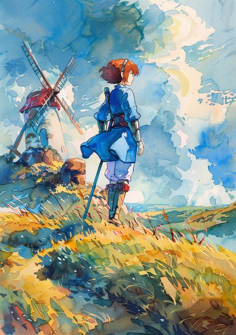 #NausicaaWatercolor #GhibliMovie #ValleysWithWindmill #LightAndShadow #Post-impressionism #TheCandie Valley Of The Wind Nausicaa Of The, Nausicaa Landscape, Miazaki Style Art, Hayo Miyazaki Art, Watercolour Fantasy Art, Nausicaa Of The Valley Of The Wind Art, Nausicaä Of The Valley Of The Wind, Watercolor Character Art, Watercolor Character Design