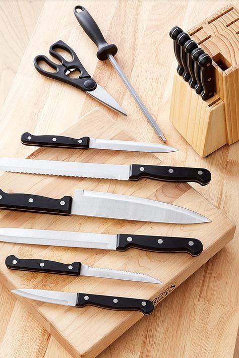 (Ad) AmazonBasics 14-Piece Kitchen black Knife Set with Stainless-Steel Blades and Pine Wood Block - Includes a 14-piece set with 11 knives, a pair of kitchen scissors/shears, a knife sharpener, and a pine storage block - Knives include (1) 8-inch chef's knife, (1) 8-inch slicing knife, (1) 8-inch bread knife, (1) 5.5-inch utility knife, (1) 3.5-inch peeling/paring knife, and (6) 4.5-inch steak knives Stainless Steel Knife Set, Kitchen Knife Set, Wood Knife, Steak Knife Set, Kitchen Shears, Knife Block Set, Specialty Knives, Knife Sharpener, Amazon Basics