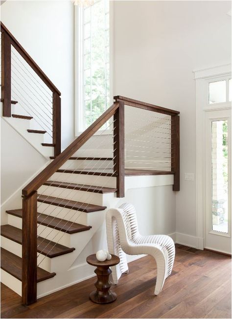 Stunning Stair Railings (Centsational Girl)                                                                                                                                                     More Cable Stair Railing, Diy Stair Railing, Transitional Staircase, Modern Stair Railing, Stair Banister, Staircase Remodel, Stair Case, Casa Vintage, Staircase Railings