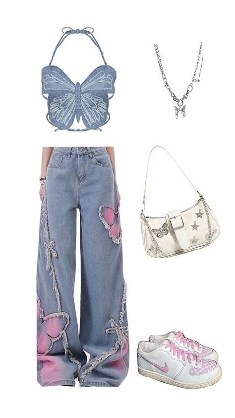 Butterfly Denim with a Hint of Pink Outfit Butterfly Top Outfit, Butterfly Outfit, Denim Butterfly, Butterfly Top, Concert Fits, Outfit Jeans, Top Outfit, Purple Butterfly, Pink Outfit