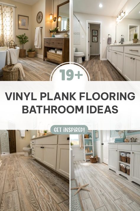 Click for More ➡️ | Save for Later ❤️ | Vinyl Plank Flooring Bathroom Ideas: Explore classic, bold, and modern styles for your space. White Bathroom Vanity Wood Floors, Snap In Flooring Ideas, Bathrooms With Wood Floors Ideas, Flooring For Bathroom Vinyl, Luxury Vinyl Plank Bathroom Floors, Floor Styles Design, Greige Vinyl Flooring, Lvp Flooring Bathroom Ideas, Wood Floor White Bathroom