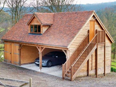 Looking for a timber garage with room above? We design and manufacture stunning bespoke garages with a room above. Garage With Room Above, Room Above Garage, Timber Garage, Oak Framed Buildings, Carport Garage, Barn Garage, Wooden Garage, Timber Buildings, Garage Apartments