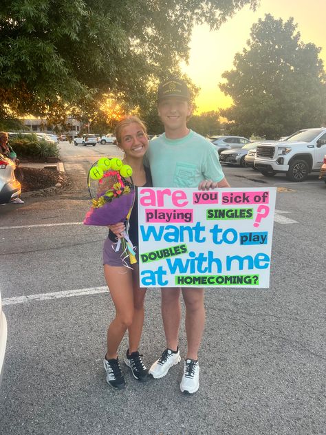 #homecoming #tennis #HOCOproposal Tennis Themed Hoco Proposal, Tennis Themed Hoco Poster, Tennis Prom Proposal, Promposal Ideas Tennis, Tennis Themed Prom Proposal, Tennis Dance Proposals, Dance Promposal Ideas, Tennis Homecoming Proposal Ideas, Tennis Hoco Signs