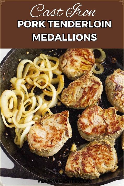 Cast Iron Pork Tenderloin Medallions are a weeknight  lifesaver for busy weeknights. This incredibly quick and easy recipe  creates perfectly cooked, juicy pork tenderloin medallions in just  minutes.  Take advantage of those two-for-one pork marinated tenderloin deals  at the grocery store, and have a restaurant quality dinner in less than  20 minutes! Pork Medallions In Oven, Frozen Casserole Recipes, Pork Medallion Recipes, Pork Tenderloin Medallions, Juicy Pork Tenderloin, Pork Medallions, Marinated Pork Tenderloins, Marinated Pork, Pork Tenderloin Recipes