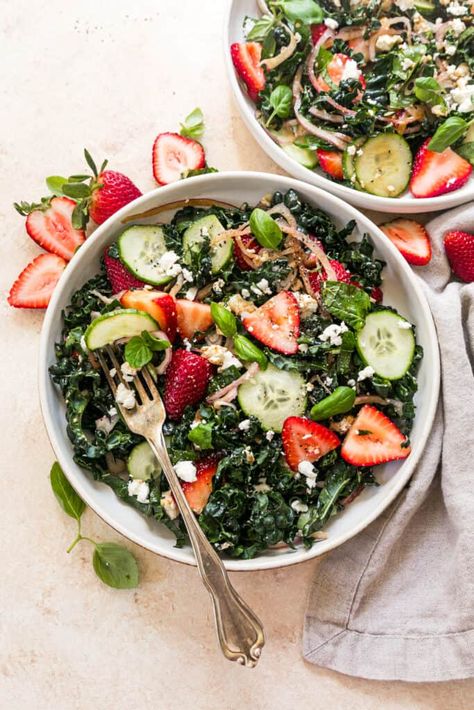 The most refreshing strawberry cucumber salad with kale, basil, mint and drizzled with balsamic reduction. Quick and easy plus vegan, gluten-free, paleo and Whole30 friendly. The most refreshing strawberry cucumber salad with kale, basil, mint and drizzled with balsamic reduction. Quick and easy plus vegan, gluten-free, paleo and Whole30 friendly.  Perfect for cookouts! Actually this salad pairs really well with grilled balsamic chicken too! Toss with some feta for even more flavor. found on fit Kale Salad Recipes With Strawberries, Strawberry Mint Salad, Strawberry Mint Cocktail, Strawberry Mint Mocktail, Strawberry Arugula Salad Feta, Balsamic Reduction, Balsamic Chicken, Berries Recipes, Cucumber Salad