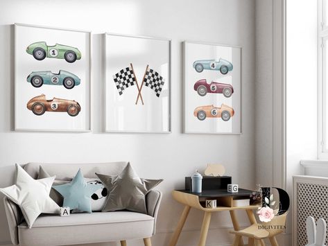 Welcome to Digivites, specialist in Nursery Wall art and kids room decor. Create a fun space for your little Race Car enthusiast with this great set of 3 prints featuring Racing Cars and a checkered flag. Perfect for the Playroom or bedroom. Digital download available here: https://digivitesprints.etsy.com/listing/1698674374 A2 prints can take up to two days to be posted. Paper - Printed with high quality inks to ensure vivid colour reproduction and fade resistance. - Sustainably sourced high-qu Race Car Nursery, Boy Car Room, Car Nursery, Space Themed Room, Boys Playroom, Car Prints, Nursery Prints Boy, Cars Room, Animal Wall Art Nursery