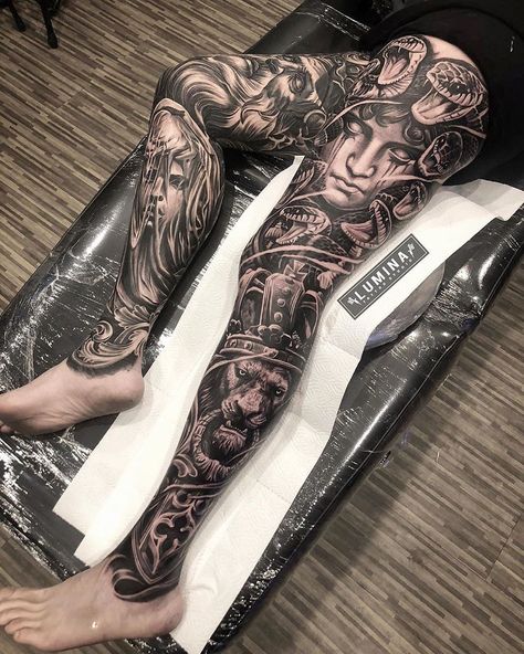 #liontattoo | Art Dodepras Lumina Tattoo, Heaven Back Tattoo, Chicano Leg Tattoo, Chicano Sleeve, Tattoo Pierna Hombre, Rock Tattoos, Tattoo Perna, Best Leg Tattoos