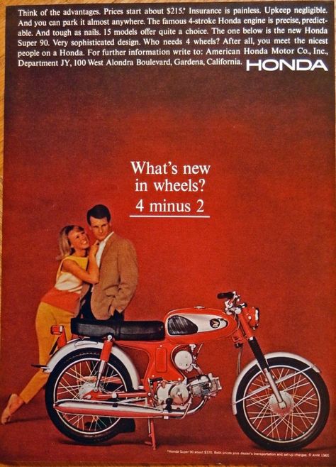 1965 Honda Motor Cycle  Super 90  1965 original vintage print ad  Color Illustration  370 Classic Honda Motorcycles, Honda S90, Vintage Honda Motorcycles, Motos Honda, Honda Cub, Bike Cycle, Japanese Motorcycle, Honda Bikes, Motorcycle Posters