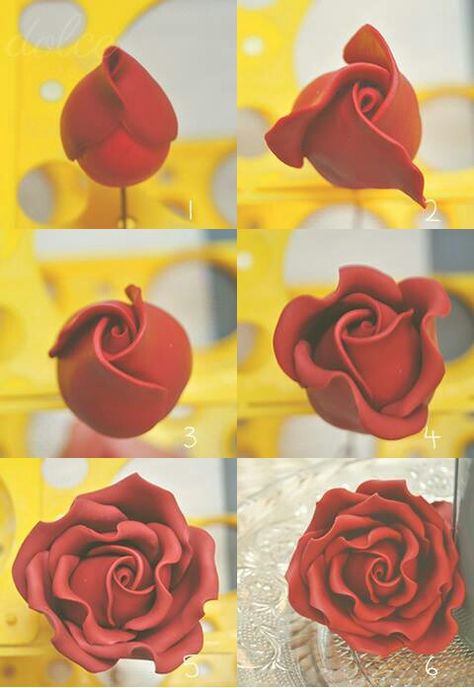 Tutorial, this is polymer clay but the same technique works for fondant and gum paste. Fondant Flower Tutorial, Fondant Rose, Fondant Tutorial, Gum Paste Flowers, Fondant Decorations, Fondant Flowers, Fondant Figures, Cake Decorating Tutorials, Polymer Clay Flowers