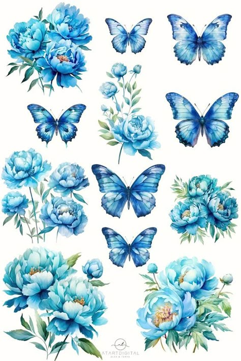 Cliparts images gratuitos Blue Flowers Printable Stickers, Blue Butterfly Design, Flowers And Butterflies Drawing, Butterfly Images Printable, Blue Butterfly Printable, Green Flowers Aesthetic, Blue Flower Sticker, Blue Flower Clipart, Black And White Bouquet