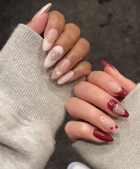 Acrylic Nails Almond Valentines Day, Valentine Nails With Gems, Valentine’s Day Nails With Gems, Deep Red Valentine Nails, Maroon Heart Nails, Velvet Heart Nails, Matching Valentines Nails, Matching Heart Nails, Red Valentine’s Day Nails