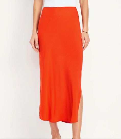 High-Waisted Midi Slip Skirt curated on LTK Midi Skirt Outfits Summer, Orange Midi Skirt, Midi Slip Skirt, Skirt Outfits Summer, Midi Skirt Outfit, Orange Skirt, Red Skirt, Slip Skirt, Old Navy Women