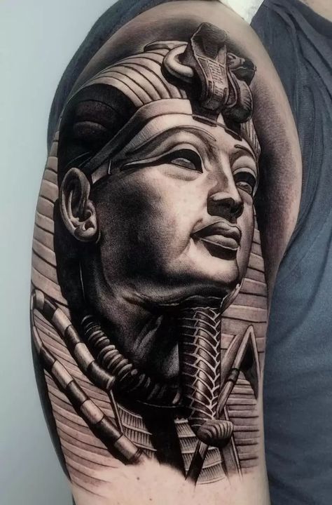 Dionysus King Tut Tattoo, Cleopatra Tattoo, Yarn Tattoo, Egypt Tattoo Design, Egyptian Tattoos, Pyramid Tattoo, Dove Tattoo Design, The Boy King, Egyptian Tattoo Sleeve