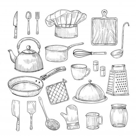 Cooking Tools Illustration, Kitchen Tools Illustration, Kitchen Tools Drawing, Utensils Drawing, Pattern Sketch, Kitchen Drawing, Kitchen Tool Set, Object Drawing, Industrial Design Sketch