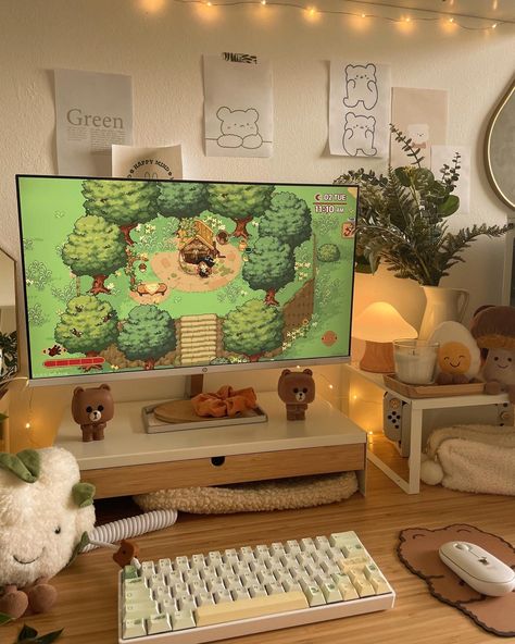 Brown Gaming Setup, White Setup, Cozy Gaming Setup, Witch In The Woods, Nature Desk, Cozy Gaming, Cozy Desk, Study Desk Decor, Gamer Setup