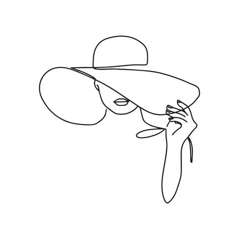 Woman in hat vector one line art. Line art. Minimalist print. Black and white. Beauty logo. Portrait of young modern woman wearing hat. Vector Woman Wearing Hat, Drawing Hats, Woman In Hat, Logo Portrait, Line Art Minimalist, Woman Vector, Hat Vector, Black And White Girl, One Line Art