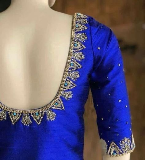 Saree Blouse Maggam Work, Ikat Blouse Designs, Blouse Maggam Work, Blue Blouse Designs, Maggam Work Blouse, Blouse Ideas, Traditional Blouse Designs, Maggam Works, Lehenga Blouse Designs