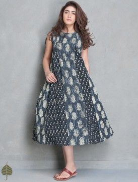 Indigo-Off White Block Printed Cotton Kali Dress by Jaypore  https://www.jaypore.com/indigo-off-white-black-block-printed-cotton-kali-dress-by-jaypore-p122060 Kameez Ideas, Kali Dress, Churidar Designs, Long Kurta, Frock Fashion, Designer Kurti Patterns, Anita Dongre, Stitching Dresses, Long Kurti Designs