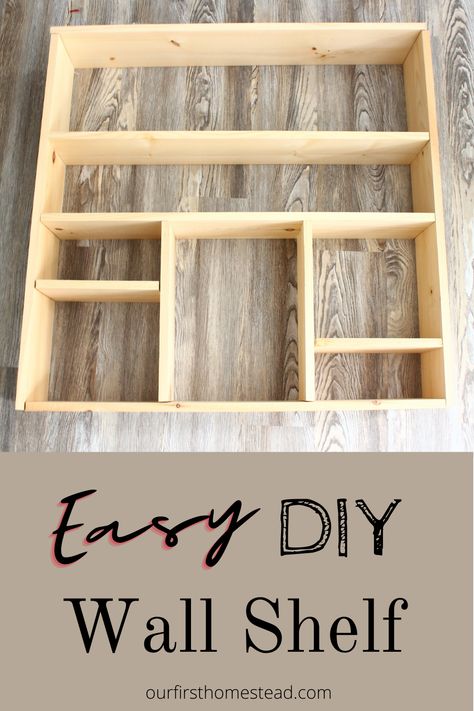 Follow this easy tutorial for this custom wall shelf. You can adjust your measurments to make it smaller or bigger to fit your needs or move the shelves up and down. It is all straight cuts so it goes together so easily. You don't need a ton of tools and you can get the wood cut for you at Lowes or Home Depot so you don't have to own a saw. Great for kitchen items, books, toys, picture frames, etc. #farmhousedecor #woodenshelf #DIY #wallshelf #easydiy Diy Wall Shelf, Diy Display Shelf, Homemade Shelves, Diy Shelves Easy, Toys Pictures, Diy Wooden Shelves, Easy Shelves, Knick Knack Shelf, Pallet Wall Shelves