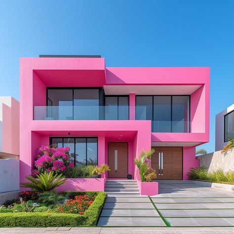 Candy Pink Meets Snow White in Sweet Home Outside Colour Inspirations • 333+ Images • [ArtFacade] Pink Home Decor Aesthetic, Pink Home Exterior, Colorful Home Exterior, Pink Barbie House, Pink House Exterior, Home Exterior Colors Schemes, Pink Architecture, Home Outside, Classic House Design