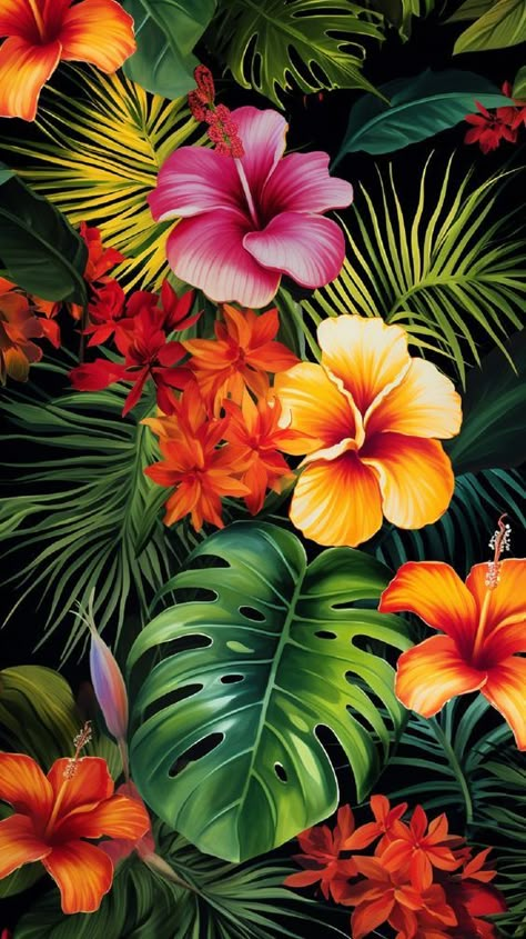 Rainforest Flowers, Tropical Artwork, Construction Fails, Jungle Mural, Tropical Art Print, Tropical Illustration, Tropical Painting, Tropical Background, Wallpaper Nature Flowers