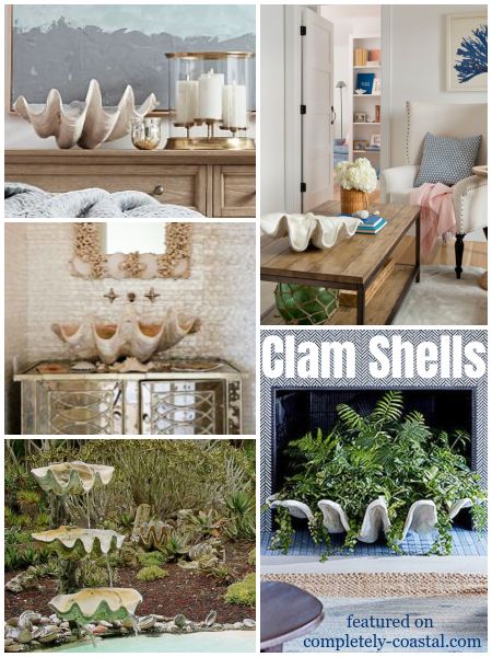 Giant clam shells, be it resin or stone cast, or any other material, are life like replicas that can be used for coastal decor in many different ways. From clam shell bowls to clam shell planters to clam shell sinks to clam shell fountains. These inspirational coastal decor ideas and designer interiors will give you some great ideas. Featured on Completely Coastal. Giant Clam Shell Diy, Giant Clam Shell Decor, Large Clam Shell Decor, Shell Decorating Ideas, Clam Shell Decor, Coastal Fabrics, Large Clam Shell, Giant Clam Shell, Coastal Fabric